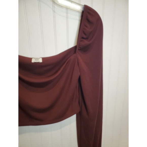 Sunday Best Women's Ruched‎ Long Sleeve Crop Top Square Neck Blouse Burgundy - Picture 2 of 6